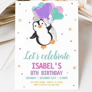 Girl Penguin Winter Birthday Party Invitation