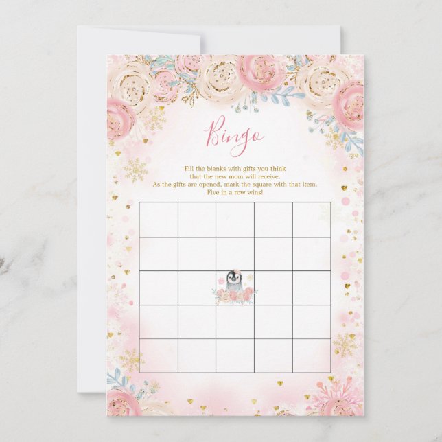 Girl Penguin Winter Snowflake Bingo Game Invitation (Front)