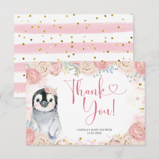 Girl Penguin Winter Snowflake Thank You Card (Front/Back)