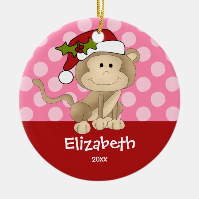 Girl Personalised Christmas Ornament Monkey Pink (Front)