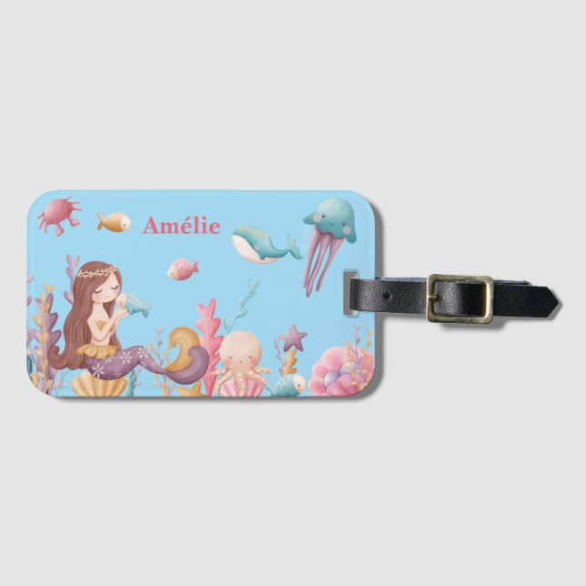 Girl Personalised Mermaid Ocean Luggage Tag (Front Horizontal)
