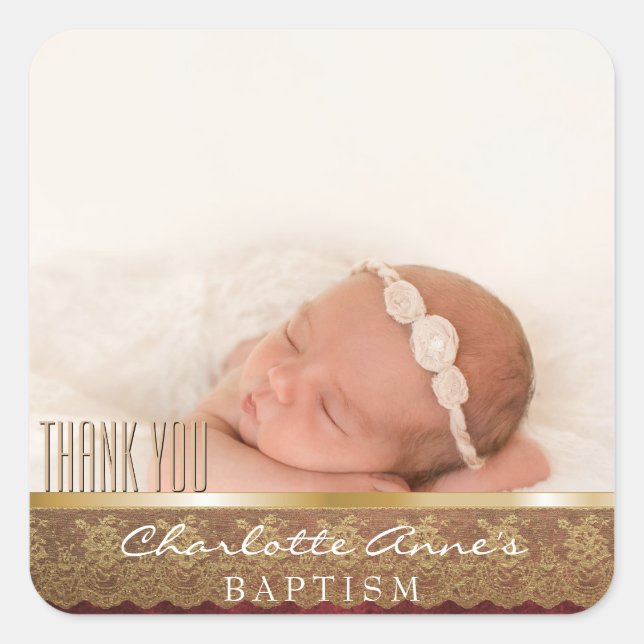 Girl Photo Baptism Thank You Gold Floral Lace Square Sticker (Front)