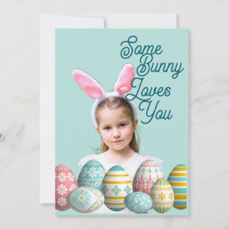 Girl Photo Bunny Ears Cute Blue Holiday Card