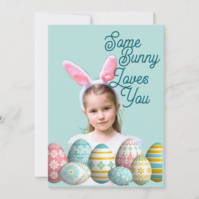 Girl Photo Bunny Ears Cute Blue  Holiday Card (Front)