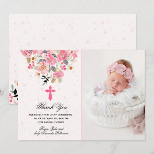 Girl Photo Christening Watercolor Pink Floral Thank You Card