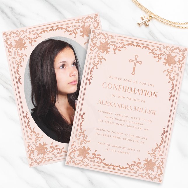 Girl Photo Confirmation Pink Rose Gold Elegant Invitation (Creator Uploaded)