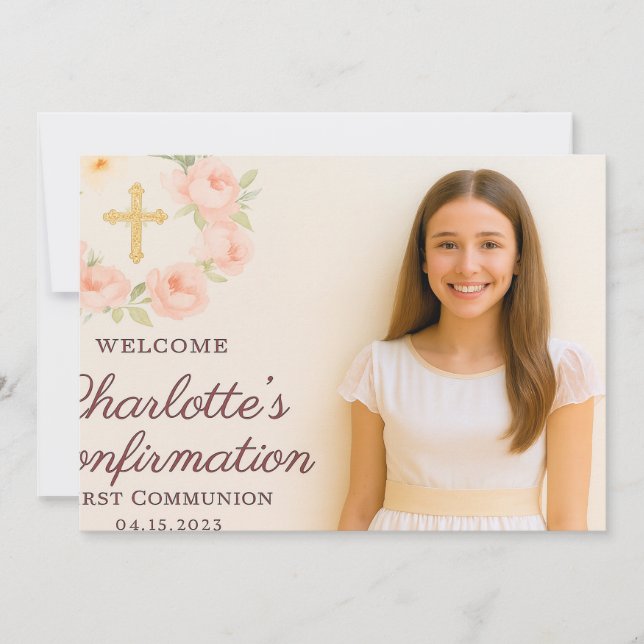 Girl photo cream beige bow cross Confirmation Thank You Card (Front)