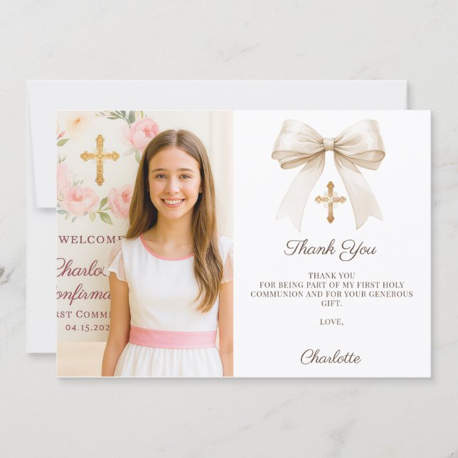 Girl photo cream bow Confirmation Thank You Card (Front)