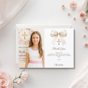 Girl photo cream bow Confirmation Thank You Card