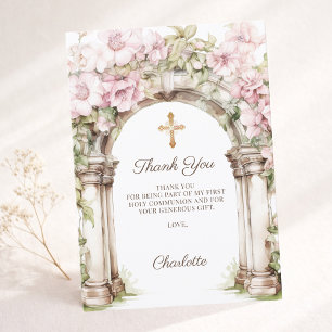 Girl photo First Communion pink floral arch Thank You Card