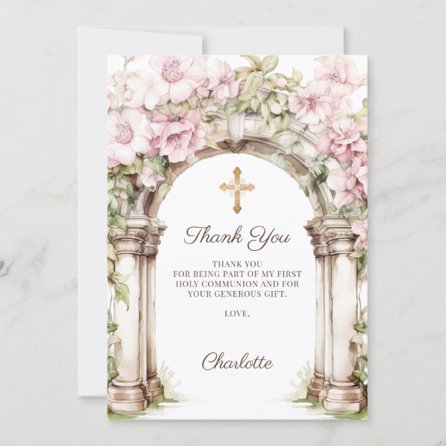 Girl photo First Communion pink floral arch Thank You Card (Front)