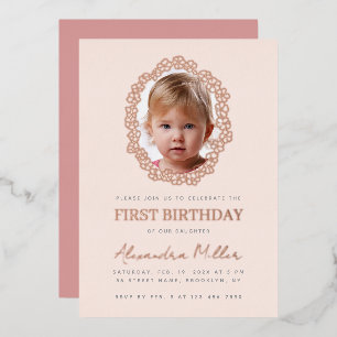 Girl Photo in Floral Frame Pink First Birthday