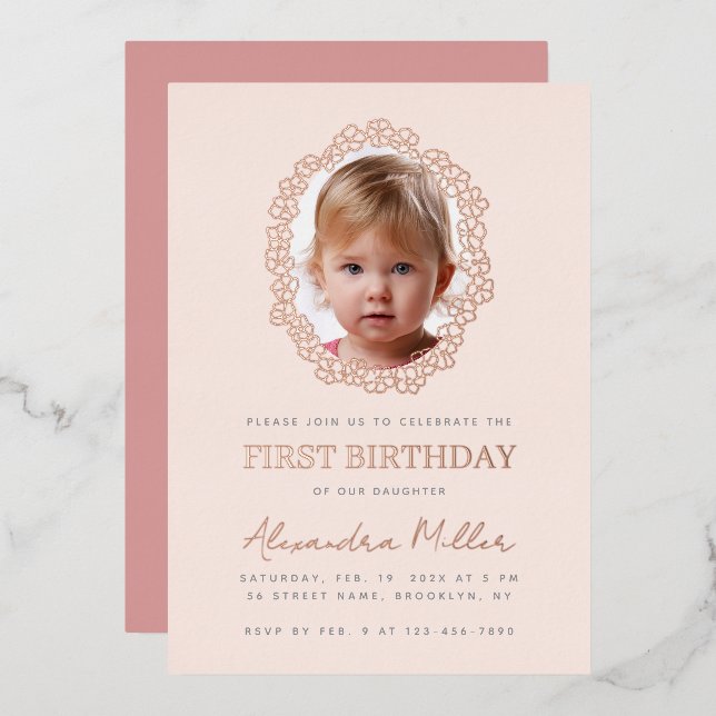 Girl Photo in Floral Frame Pink First Birthday  (Front/Back)
