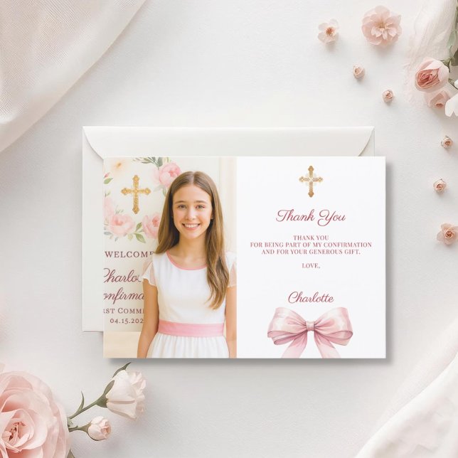 Girl photo pink bow Confirmation Thank You Card (Creator Uploaded)