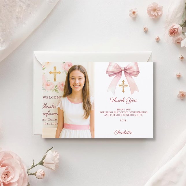 Girl photo pink bow Confirmation Thank You Card (Creator Uploaded)