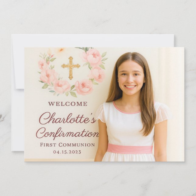 Girl photo pink bow cross Confirmation Thank You Card (Front)