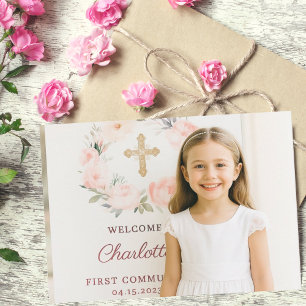 Girl photo pink bow cross First Communion  Thank You Card