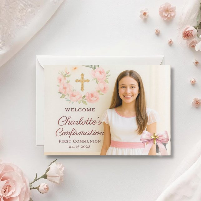 Girl photo pink bow cross First Holy Communion Thank You Card (Creator Uploaded)