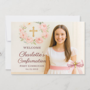 Girl photo pink bow cross First Holy Communion Thank You Card