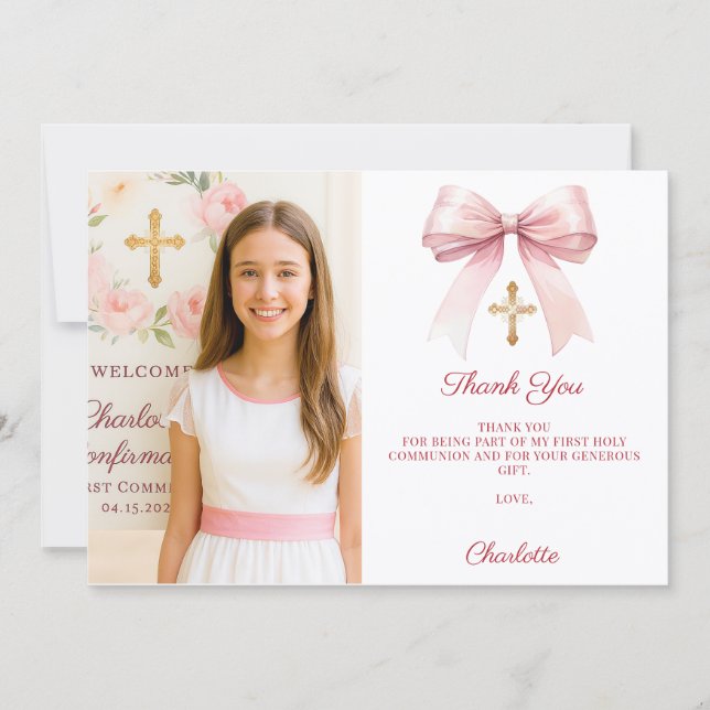 Girl photo pink bow First Holy Communion Thank You Card (Front)
