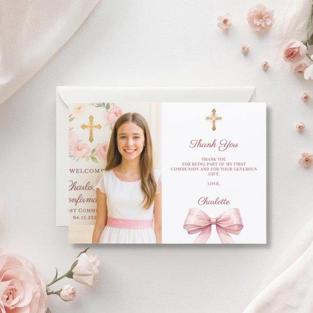 Girl photo pink bow First Holy Communion Thank You Card (Creator Uploaded)