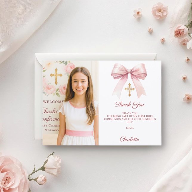 Girl photo pink bow First Holy Communion Thank You Card (Creator Uploaded)
