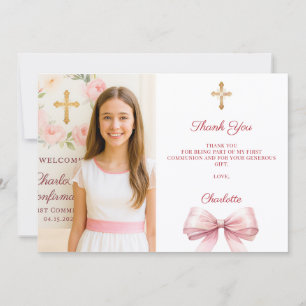 Girl photo pink bow First Holy Communion Thank You Card