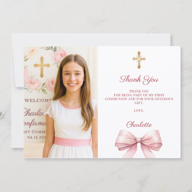 Girl photo pink bow First Holy Communion Thank You Card (Front)