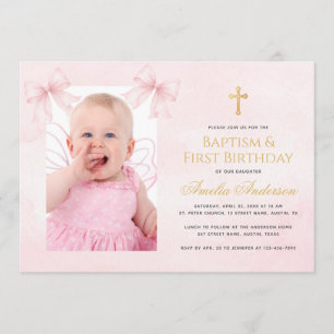Girl Photo Pink Bows Cross Baptism First Birthday  Invitation
