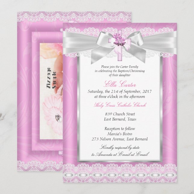Girl Photo Pink Floral Cross Baptism Christening Invitation (Front/Back)