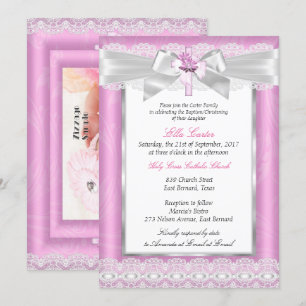 Girl Photo Pink Floral Cross Baptism Christening Invitation