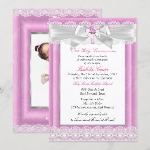 Girl Photo Pink Floral Cross First Holy Communion Invitation