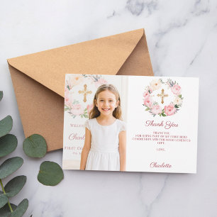 Girl photo pink florals cross First Communion  Thank You Card