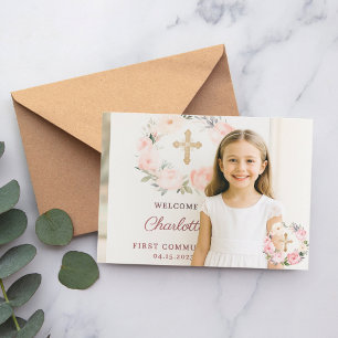 Girl photo pink florals cross First Communion  Thank You Card