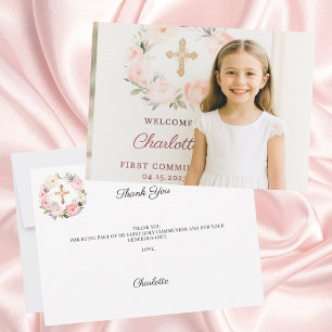 Girl photo pink florals cross First Communion  Thank You Card