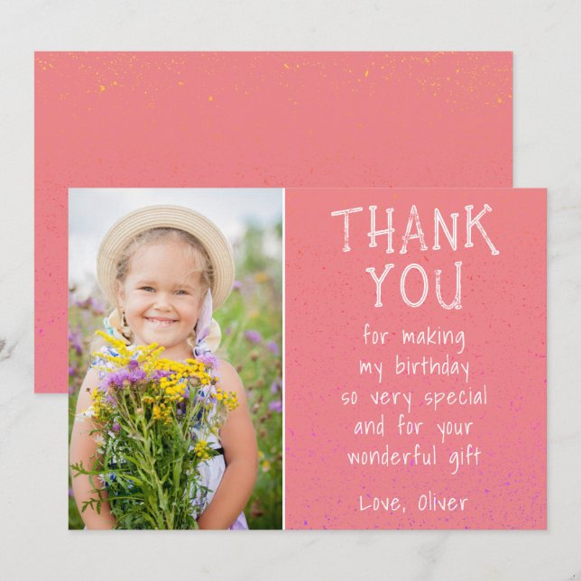 Girl Photo Pink Kid's Birthday  Thank You Card (Front/Back)