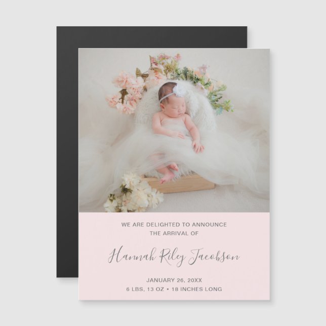 Girl Photo Pink Script Birth Announcement Magnet (Front/Back)