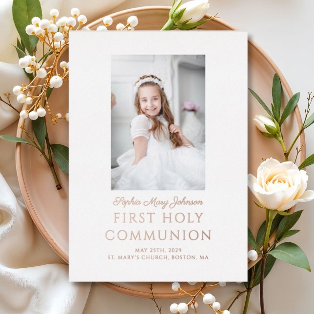 Girl Photo Script First Holy Communion Rose Gold (Elegant Gold Foil Photo Girl First Communion Foil Invitation)