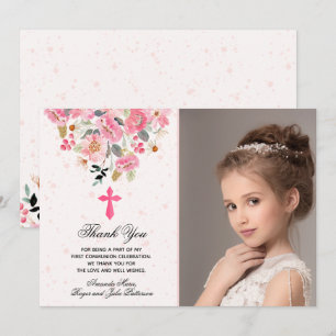 Girl Photo Watercolor Pink Floral First Communion Thank You Card