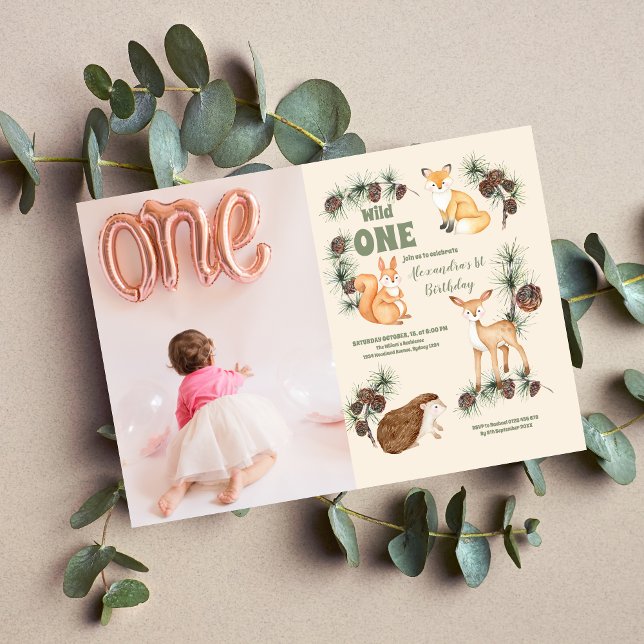 Girl Photo Woodland Animals  1st Birthday Invitation (Creator Uploaded)