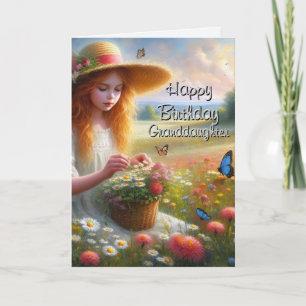 Girl Picking Flowers Granddaughter Birthday  Card
