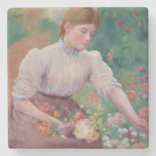 Girl Picking Flowers in a Summer Garden Stone Coaster