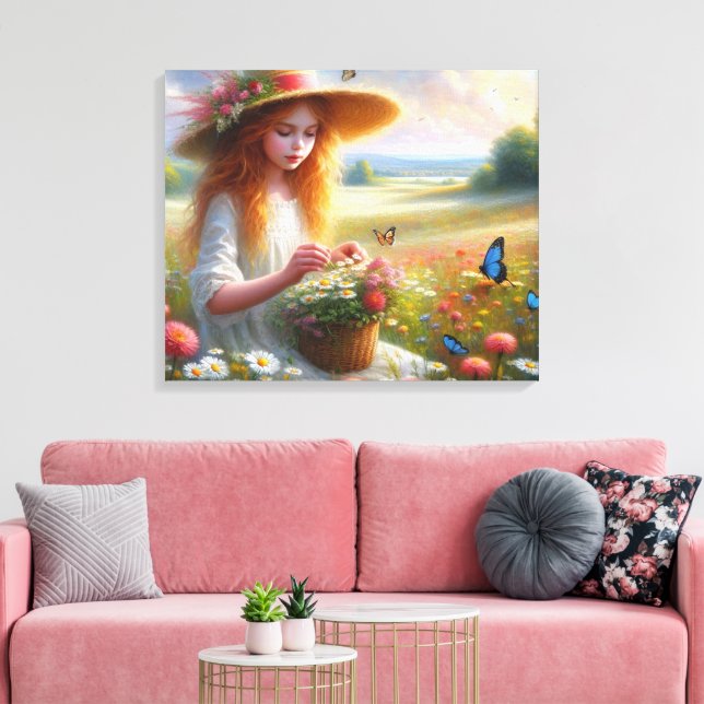 Girl Picking Flowers Stretched Canvas Print (Insitu(LivingRoom))