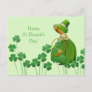 Girl Picking Shamrocks St Patrick's Day Postcard