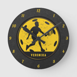 Girl Pickleball Player Paddle Yellow & Black Name Round Clock