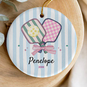 Girl pickleball player sports paddles personalised ceramic tree decoration