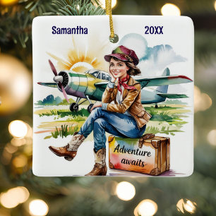 Girl Pilot Aeroplane Suitcase Watercolor Custom Ceramic Ornament