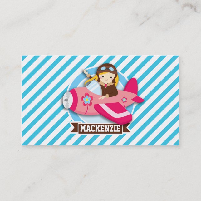 Girl Pilot in Pink Aeroplane; Blue & White Stripes Business Card (Back)