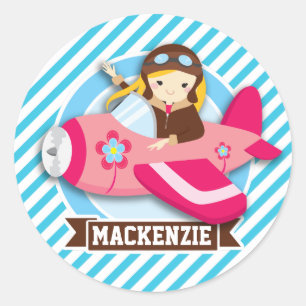 Girl Pilot in Pink Aeroplane; Blue & White Stripes Classic Round Sticker