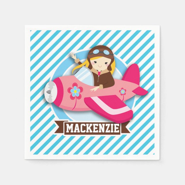 Girl Pilot in Pink Aeroplane; Blue & White Stripes Napkin (Front)
